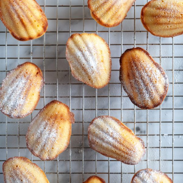 Top down view of freshly baked madeleine cakes on a cooling rack with a sieve with icing sugar on a white marble background